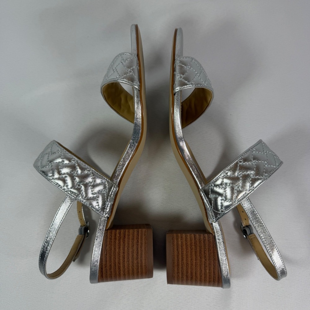 Talbots Silver Metallic Quilted Leather Block Heel Slingback Sandals Size 8M - Picture 4 of 7